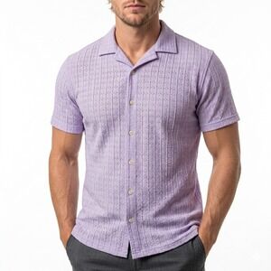 Manfinity Mens XL Lavender Purple Textured Pointelle Knit Camp Collar Shirt SS